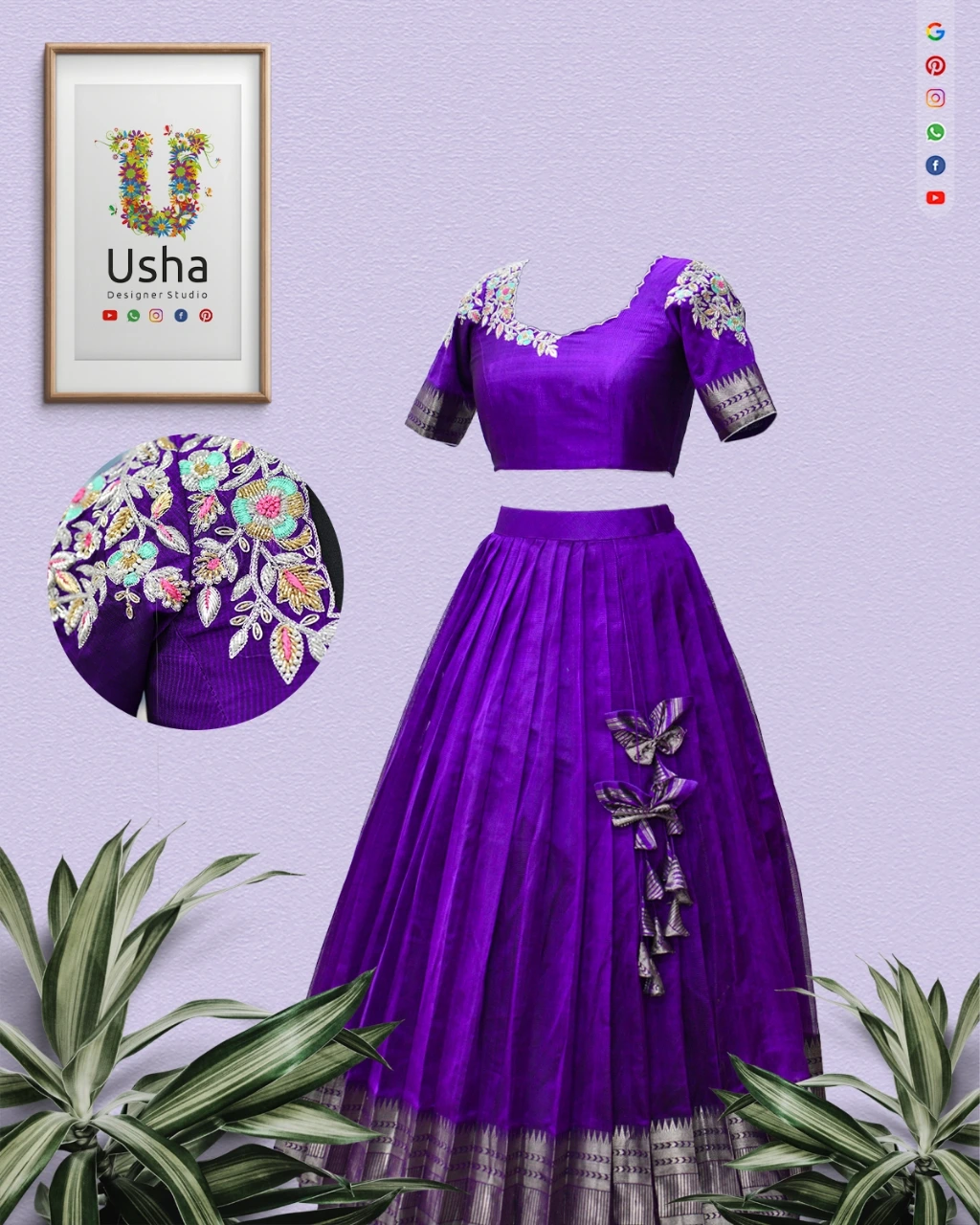 Pure Mangalagiri Pattu Saree into Purple Croptop Lehenga with Aari Embroidery and Handcrafted Butterfly Latkans – Usha Designer Studio Vijayawada