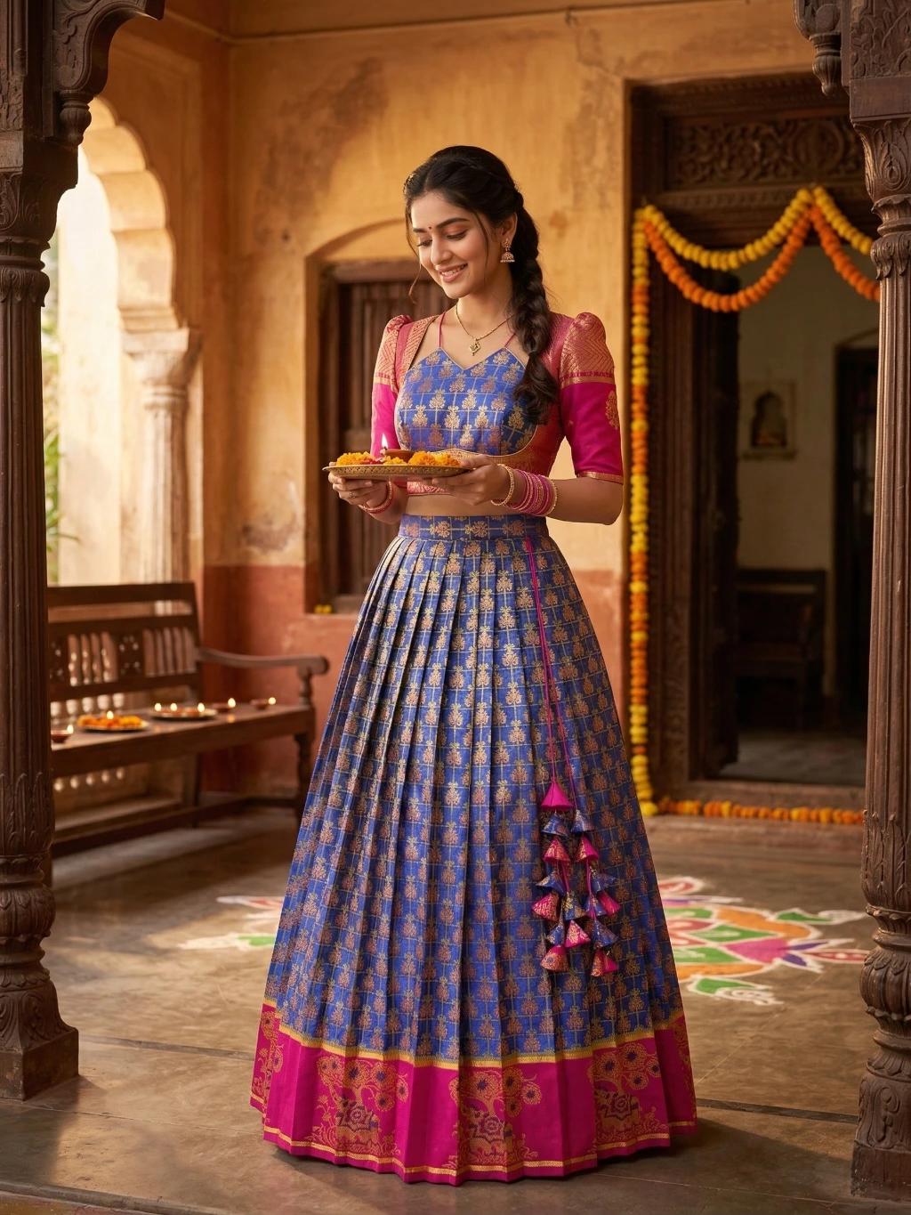 tailor-made royal blue crop top lehenga with gold grid patterns, magenta puff sleeves with gold motifs, intricate brocade borders, and cascading tiered fabric latkans