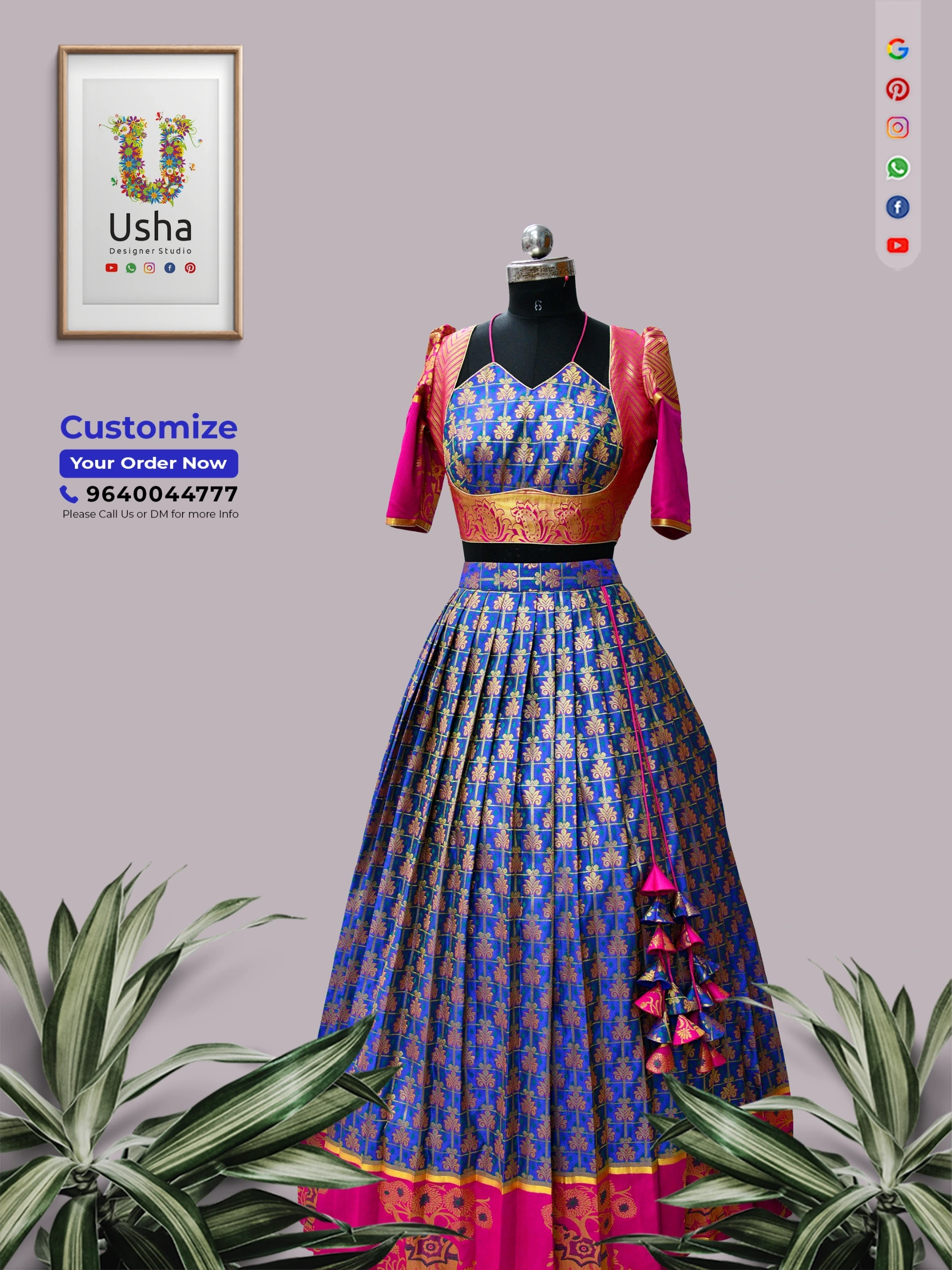 tailor-made royal blue crop top lehenga with gold grid patterns, magenta puff sleeves with gold motifs, intricate brocade borders, and cascading tiered fabric latkans