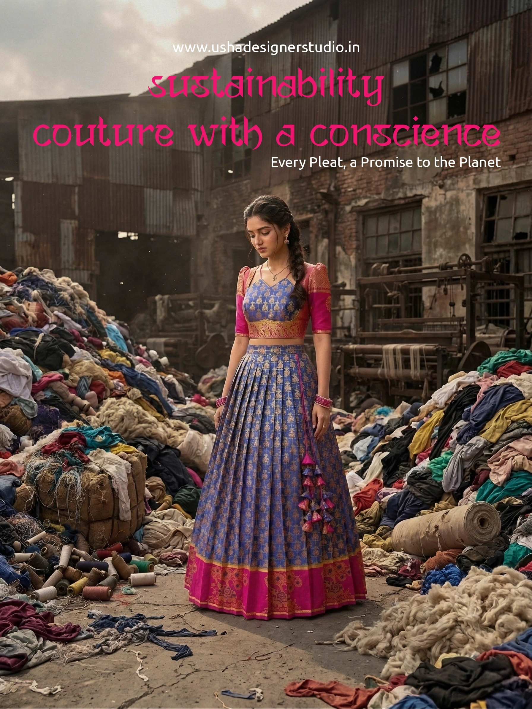 tailor-made royal blue crop top lehenga with gold grid patterns, magenta puff sleeves with gold motifs, intricate brocade borders, and cascading tiered fabric latkans