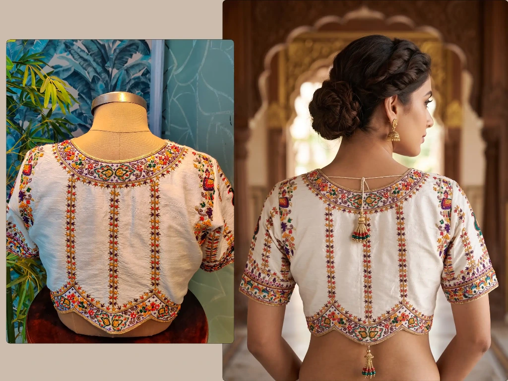 Exquisite Ivory Raw Silk blouse featuring intricate Aari and Maggam hand-embroidery. This premium piece showcases vibrant floral threadwork, gold Zari borders, and a unique scalloped hemline. The back design includes vertical geometric patterns and elegant gold tassels (latkans) for a regal finish.