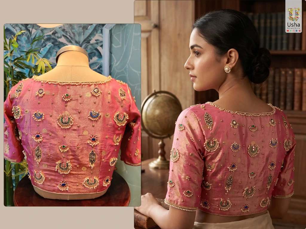 Elevate your ethnic wardrobe with this handcrafted pink silk blouse featuring intricate Aari embroidery. Adorned with detailed kundan motifs, blue and green stone work, and delicate pearl borders, this traditional blouse back design is perfect for brides and festive wear. Pair with a silk saree for a sophisticated look.