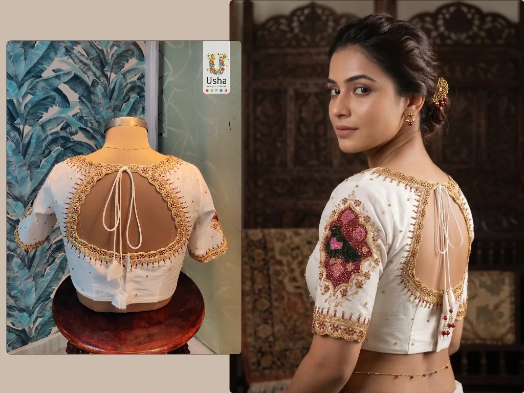 Premium off-white raw silk blouse, featuring intricate handcrafted Aari embroidery. The back showcases a deep scalloped cutout with gold zari and maroon bead detailing, while the sleeves highlight a stunning multimedia bird motif in emerald green and rose pink.